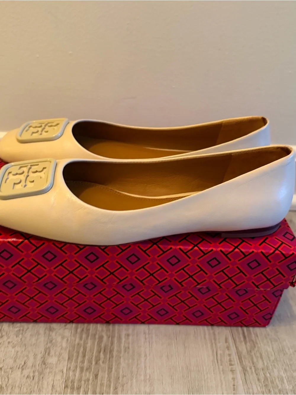 Tory Burch Cream Logo Square-Toe Ballet Flats